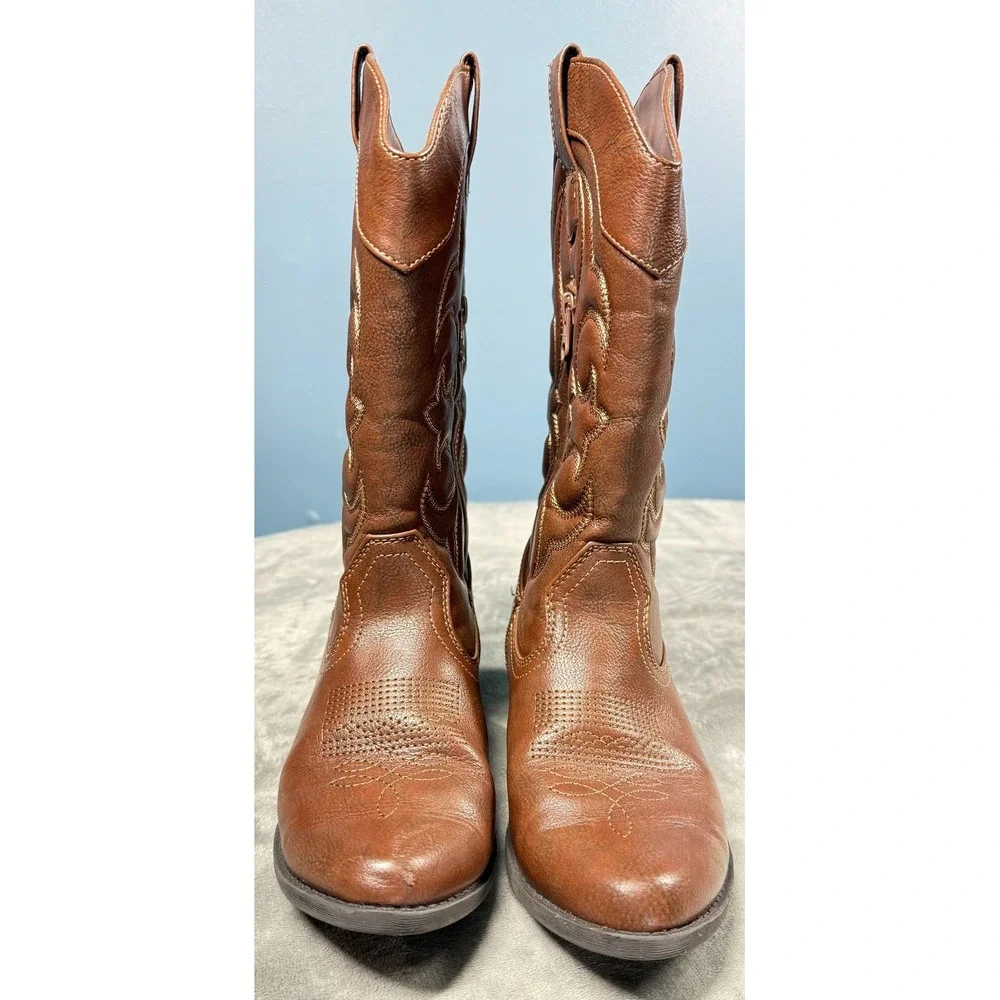 Cat Jack Girls Cowboy Boots 5 Brown Embroidered Western Zip Up